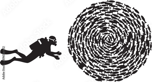 Scuba diver exploring circular school of fish underwater, dynamic motion in minimalist black-and-white design