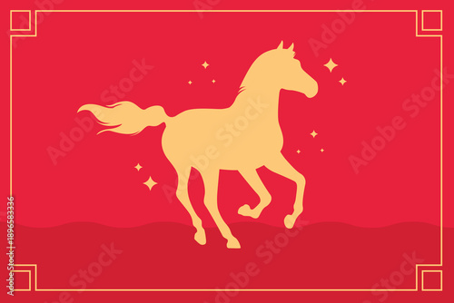 A majestic golden horse silhouette jumping over waves against a festive red background with sparkles.