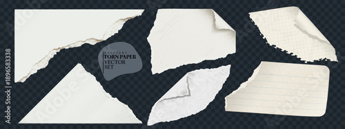 Realistic torn paper vector set close up assorted ripped notebook and textured sheets on transparent checkerboard scattered isolated with soft shadow