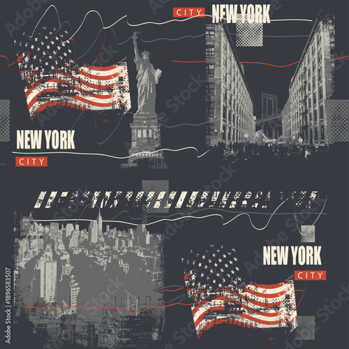 Vector seamless pattern on urban and street art theme with Statue of Liberty, Manhattan Bridge in New York, city buildings and american flag in grunge style. Wallpaper, fabric, t-shirt design, travel 