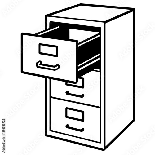 Black and White Vector Illustration of a Metal Filing Cabinet with an Open Drawer for Office Organization, Document Storage, and Business Administration
