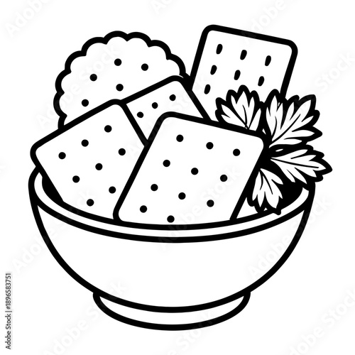 Bowl of Mixed Crackers with Herb Garnish Vector Icon - Minimalist Line Art Illustration for Appetizer Menus, Healthy Snacking, Charcuterie Board Graphics, and Catering Services