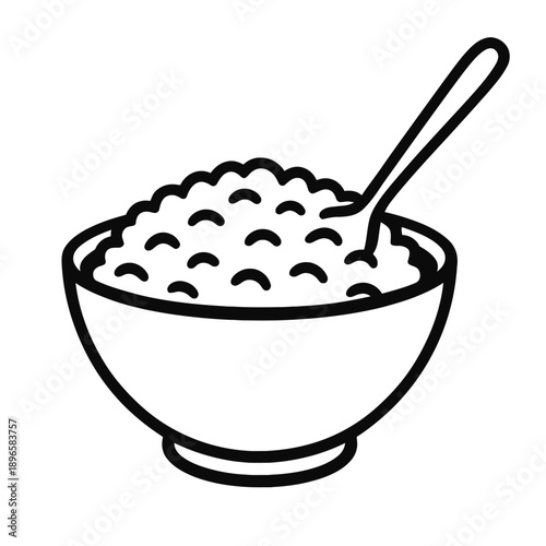 Bowl of Hot Oatmeal or Porridge with Spoon Vector Icon - Minimalist Line Art Illustration for Healthy Breakfast Menus, Morning Nutrition, Organic Grains, and Cafe Branding