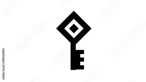 A black and white graphic showing a stylized key with a diamond-shaped head on a white background