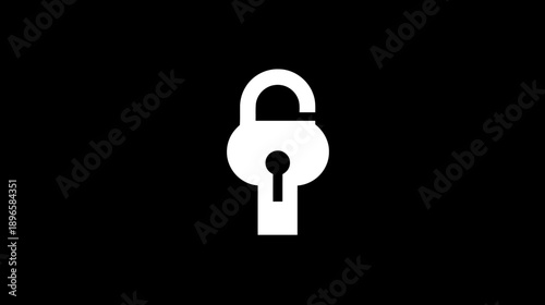 A white silhouette of an unlocked padlock on a stark black background. Simple, minimalist design