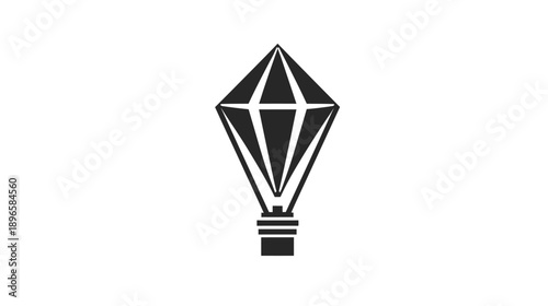 A black and white illustration of a stylized gem or diamond shape resembling a hot air balloon