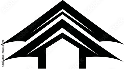 Black and white geometric shape consisting of nested chevrons and angular lines, resembling a stylized tree