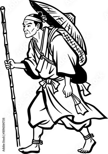 Sumi-e monochrome illustration portraying a man seeking sustenan
