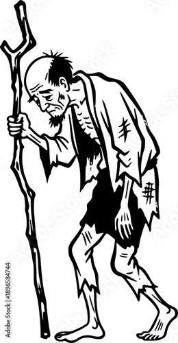 Sumi-e monochrome illustration portraying a man seeking sustenan
