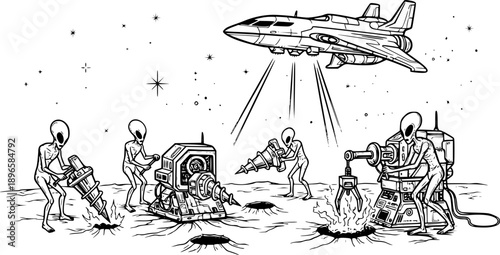 Sumi-e Depiction of Extraterrestrial Resource Gathering in Deep
