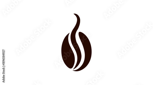 A simple, brown coffee bean with a stylized wisp of steam rising above it on a white background