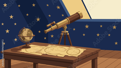 Astronomical observation setup with telescope, globe, and star charts in a room with star-patterned walls.