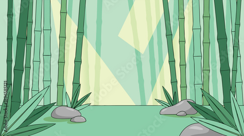 Bamboo Forest with Rocks and Leaves.
