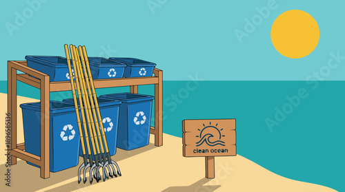 Beach Cleanup Station with Rakes and Recycling Bins.