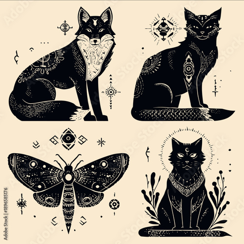 stylized silhouette of a fox crow moth and cat each marked with ancient symbols and subtle decorative runes bold vector outlines no shading symmetrical layout
