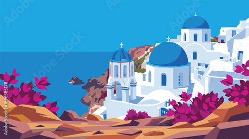 Beautiful Santorini Greece landscape with white buildings and blue domes overlooking the sea.
