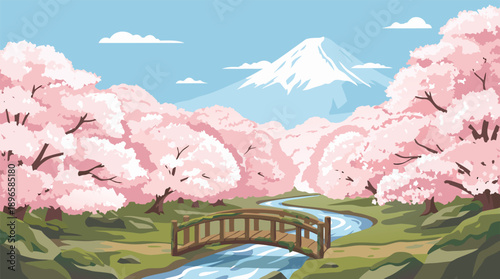 Beautiful Japanese Landscape with Cherry Blossoms and Mount Fuji.