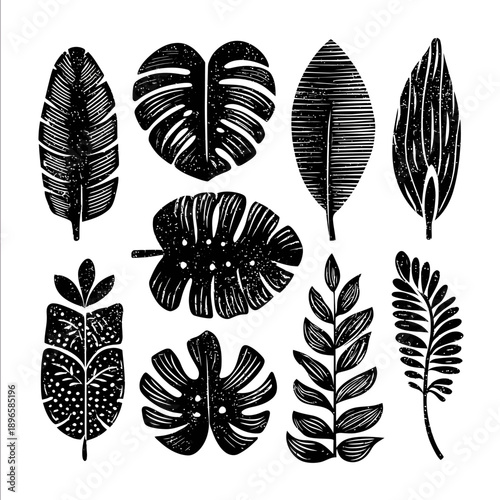set of graphic tropical leaves with chunky lines in a retro surf style black and white Lino cut isolated on white background