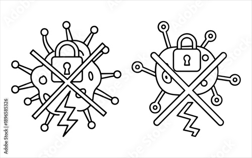 Network security vulnerability icons with crossed out locks for cyber threat assessment