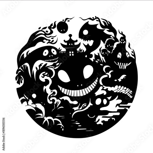 kodamas japanese spirits black white stencil cutout round image