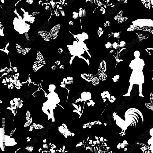 Repeating blackandwhite wallpaper pattern of Kara Walkerstyle silhouettes cotton fields broken shackles butterflies flying Black cherubs Afro pick and rooster