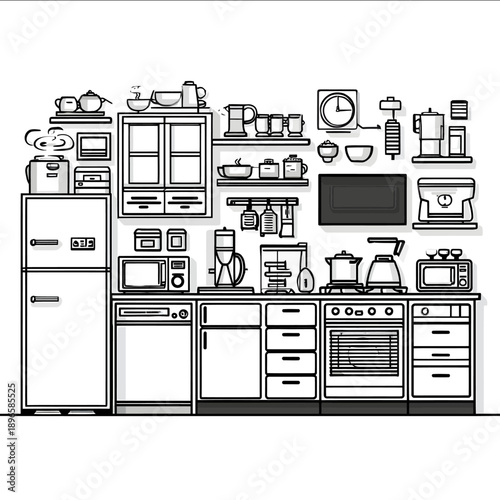 Food themed kitchen black and white line art illustration clean outline drawing fridge dishwasher stove cabinet induction cooker pot bowl kettle rice cooker j