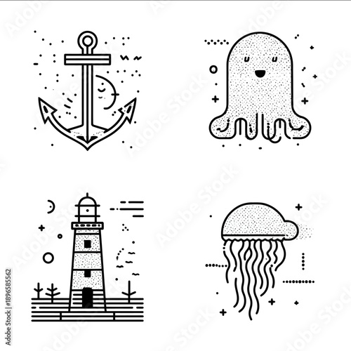 set of four stylish very minimal monoline pictograms of an anchor an happy octopus a lighthouse and a happy moving jellyfish black on white