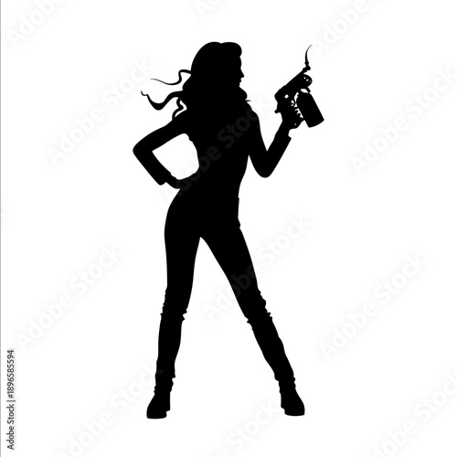 black silhouette of a thin curvy pinup style woman with long legs small waist standing in a wide stance wearing work boots long hair blowing in the wind left