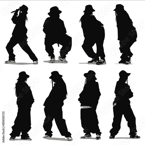 draw different poses of silhouettes of a female rappersinger whe is wearing a oversized baggy outfit and a bucket hat