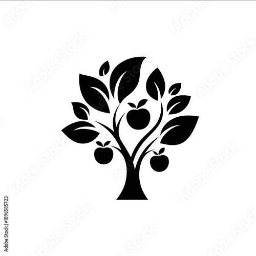a minimalist tree logo with large leaves and a few apples black centered on a white backround symbolic simple