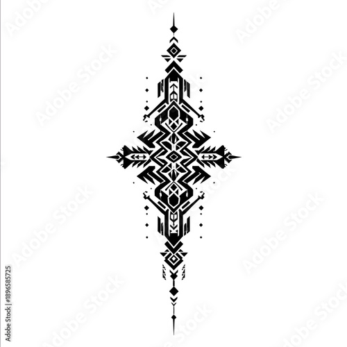 vertical tribal totem design sacred geometry cyber shamanic style elongated symmetrical shape complex black vector linework futuristic mystical symbols high c
