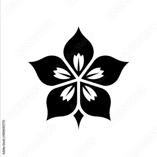 Knightly order heraldic emblem featuring minimalist cherry blossom five asymmetrical petals forming a noble chapter badge elegant black silhouette on white fi