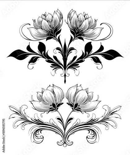 A vector illustration of two decorative floral motifs one with symmetrical flowers and the other with organic shapes in black on a white background The design