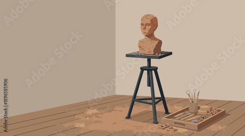 Clay Sculpture Bust on Artists Stand in Studio.