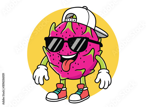 Cool Dragon Fruit Character Wearing Sunglasses and Hat.