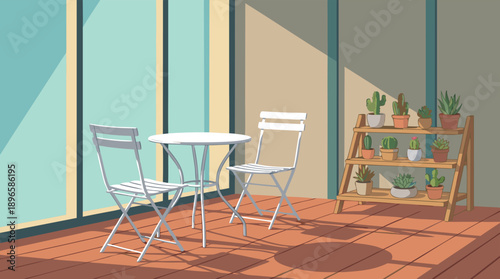Cozy Balcony Scene with Plants and Furniture.