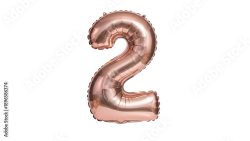 Shiny rose gold color foil balloon number 2 on transparent background for party and birthday decoration