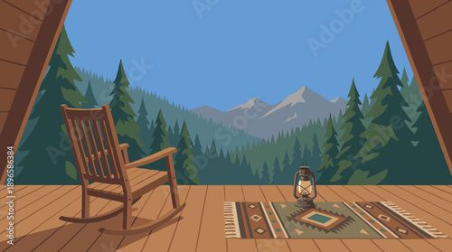 Cozy Mountain Cabin Porch with Rocking Chair and Forest View.