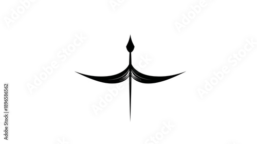A stark, symmetrical design featuring a stylized, black shape reminiscent of a bird or arrowhead