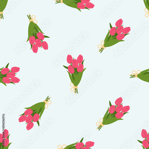 Seamless pattern with pink tulip bouquets tied with yellow bows on light pastel background.Cheerful spring floral texture for fabric, gift wrap, Womens Day and Mothers Day designs