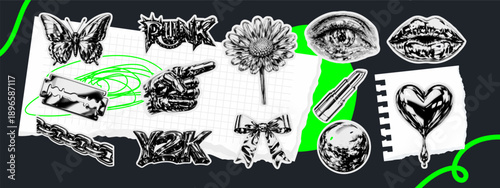 Punk halftone sticker sheet with neon green accents showing butterfly lips chain pointing hand heart balloon on torn notebook grunge