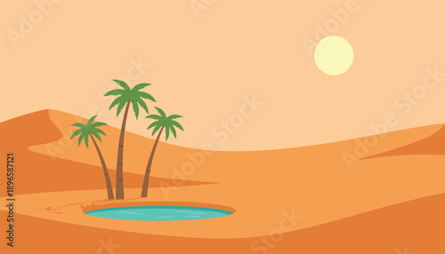 Desert Oasis Landscape with Palm Trees and Water Under a Sunny Sky.