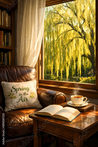 Library corner on Equinox. Sunlight on chair, tea, book. Open window frames a weeping willow in luminous yellow-green. 