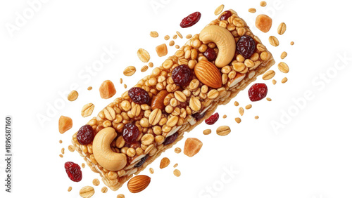 Overhead view of a delicious granola bar with various nuts, dried fruits, and oats against a transparent background