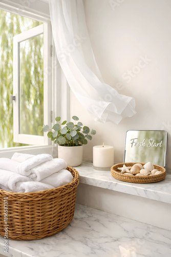 Minimalist bathroom during spring cleaning. Basket of white towels, eucalyptus, candle on shelf. Open window with floating curtain, green willow outside. 