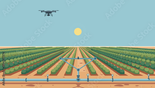 Drone monitoring agricultural field with irrigation system.