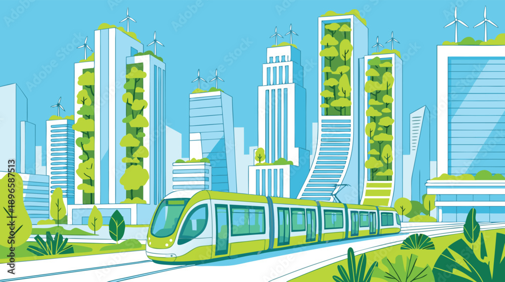 Fototapeta premium Eco-friendly city with green buildings and modern tram.