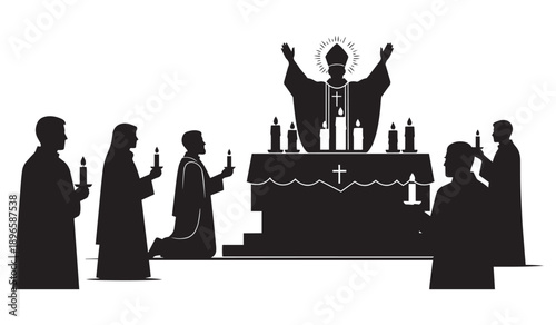 Monochromatic silhouette illustration depicting a bishop at an altar with lit candles during a Christian religious ceremony, surrounded by robed attendants on a clear
