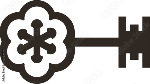 Black graphic of a key with a decorative, floral-inspired head. A simple and elegant design