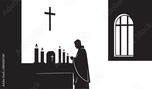 A solemn black and white illustration depicting a priest or monk in silhouette, lighting votive candles on an altar, with a prominent Christian cross and an arched